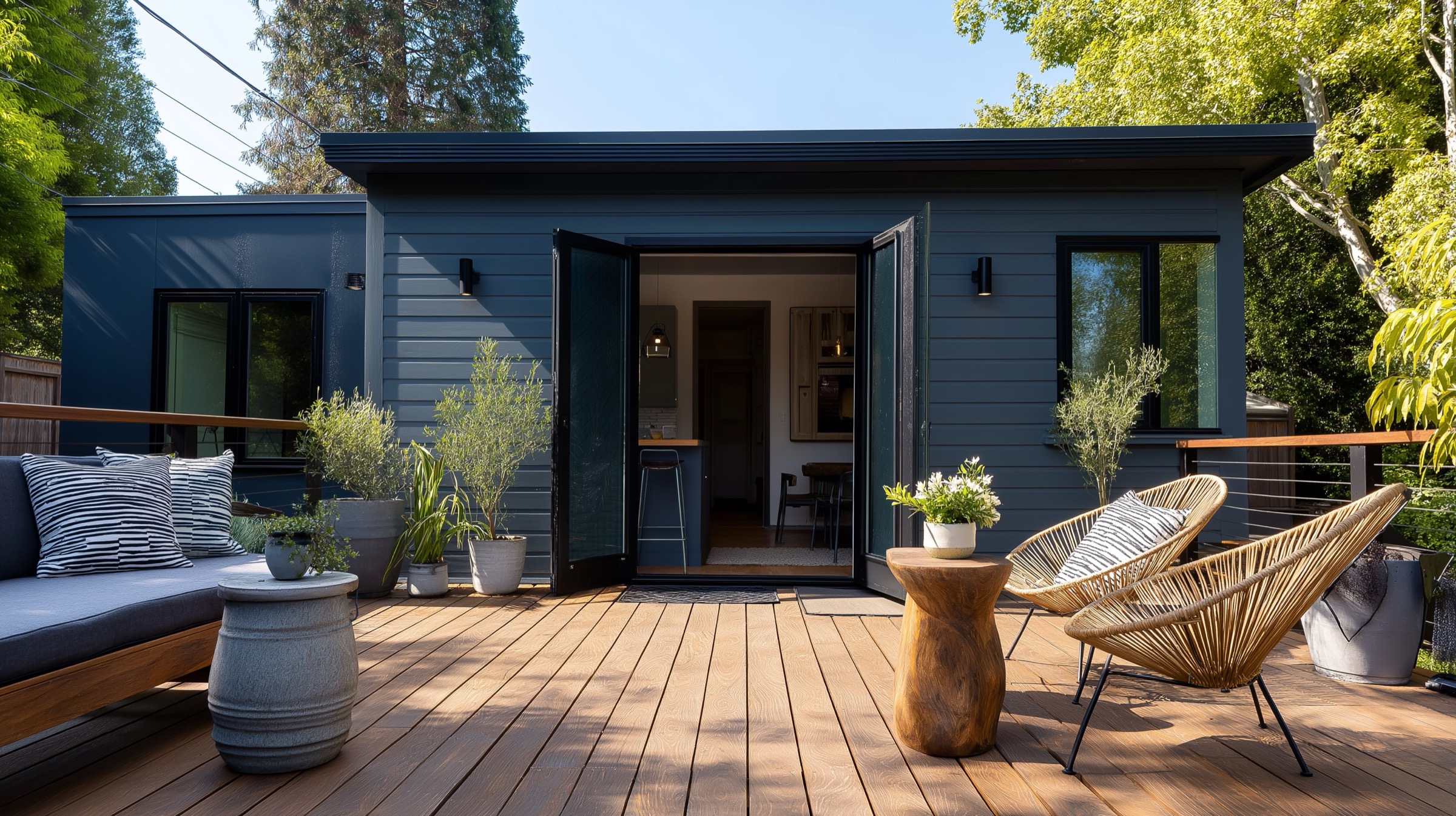 Outdoor living space arranged around a modern backyard deck