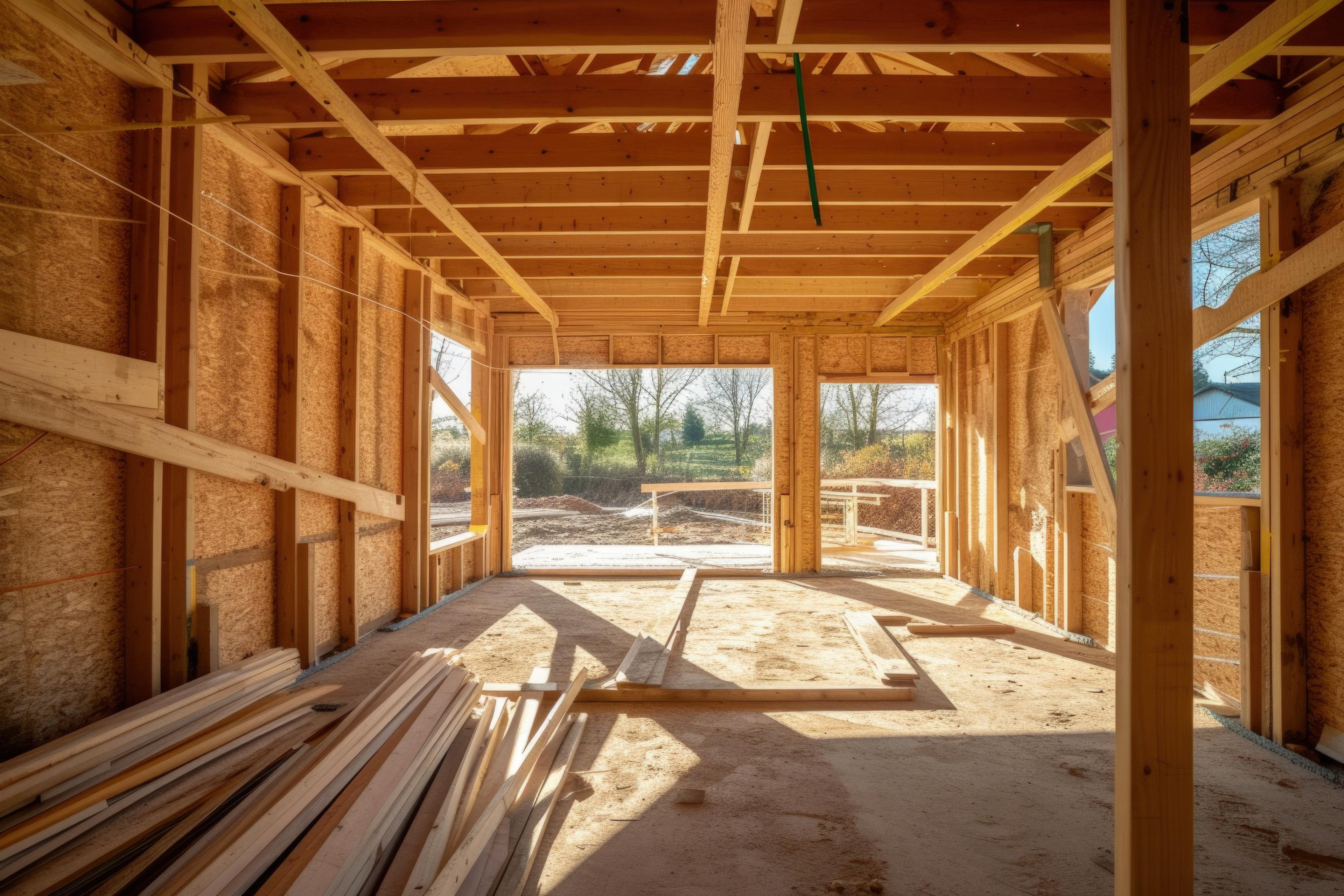 Sunlit timber frame construction interior